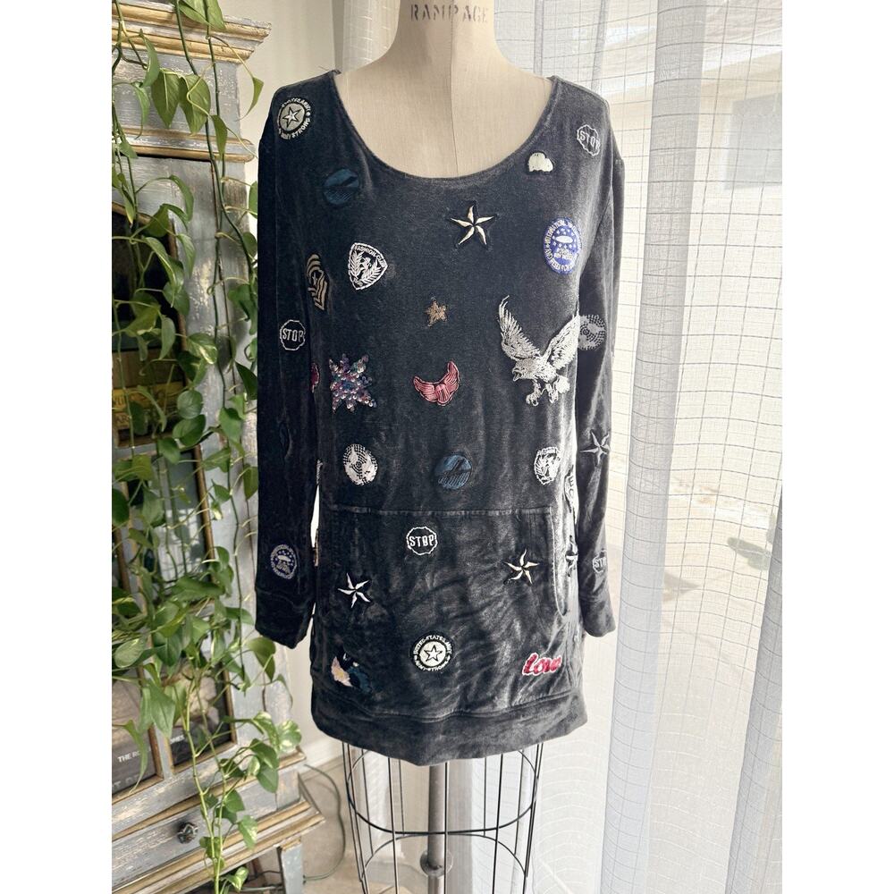 Nicole Miller Gray Velour Oversized Sweatshirt Embroidered Patches Grunge S